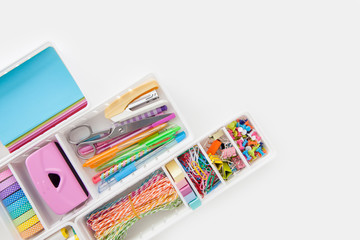 School supplies. Stylish stationery multicolored pastel color. Flat lay, top view.