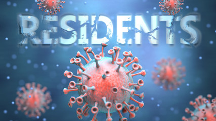 Covid and residents, pictured as red viruses attacking word residents to symbolize turmoil, global world problems and the relation between corona virus and residents, 3d illustration