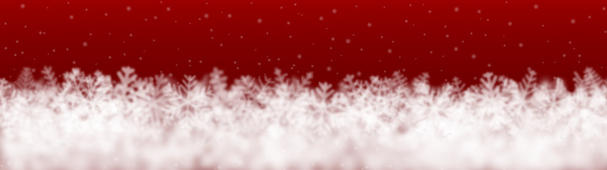 Christmas background of snowflakes of different shape, blur and transparency, located bottom, on red background