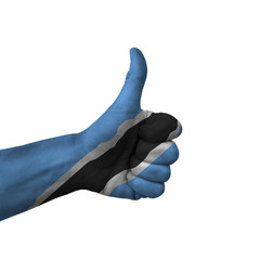 Hand making thumbs up sign, botswana painted with flag as symbol of thumbs up, like, okay, positive...