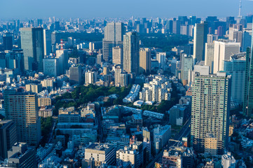 東京都港区六本木の高層ビルの展望台から見た東京の都市景観