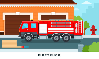 Fire engine truck emergency vehicle in modern vector flat set illustration. Staff and fire trucks in front of station
