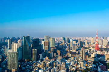 Fototapeta premium 東京都港区六本木の高層ビルの展望台から見た夕方の東京の都市景観