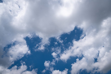 The blue sky with moving white clouds. The most of clouds are beautiful color and shade, suitable for use as background image.