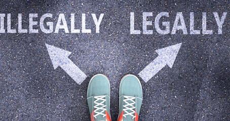 Illegally and legally as different choices in life - pictured as words Illegally, legally on a road to symbolize making decision and picking either Illegally or legally as an option, 3d illustration