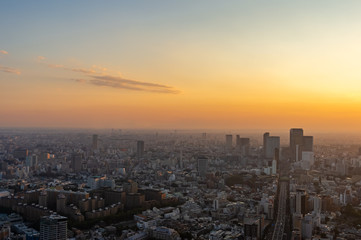 東京都港区六本木の高層ビルの展望台から見た夕方の東京の都市景観