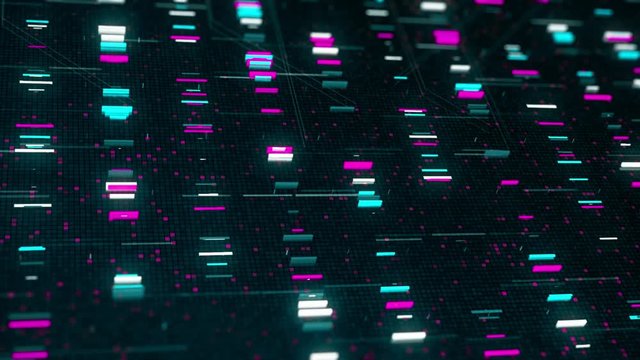 The abstract high tech digital background with information transfer. Animation. Flying along the bright colorful flickering pixels randomly spaced over a dark background, seamless loop.