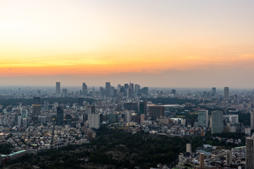 東京都港区六本木の高層ビルの展望台から見た夕方の東京の都市景観