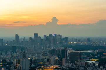 Obraz premium 東京都港区六本木の高層ビルの展望台から見た夕方の東京の都市景観