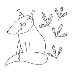 Set of sketches for coloring book. Fox and leaves with patterns.