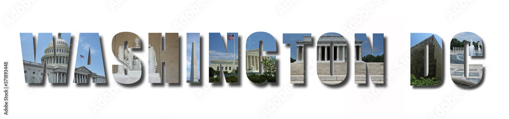 Wall mural Collage of monuments and landmarks of Washington DC, text with shadow, isolated on white