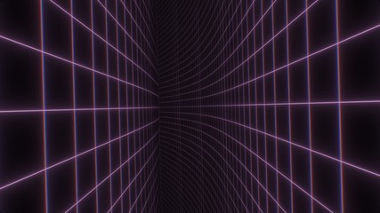 Fly Between Wavy Synthwave Neon Grid Planes Bending Corridor Path - Abstract Background Texture