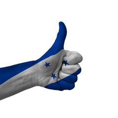 Hand making thumbs up sign, honduras painted with flag as symbol of thumbs up, like, okay, positive...