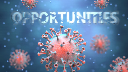 Covid and opportunities, pictured as red viruses attacking word opportunities to symbolize turmoil, global world problems and the relation between corona virus and opportunities, 3d illustration