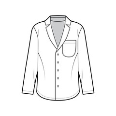 Shirt technical fashion illustration with loose silhouette, pointed notch collar, front button fastenings, rounded pocket, long sleeves. Flat apparel template front white color. Women men unisex top