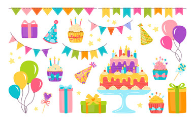 Birthday elements flat set. Cartoon present, cake, candle, gift box cupcake. Party design elements, balloons and sweets, cap. Colorful celebration food and candy. Isolated vector illustration