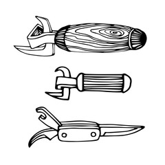 a set of can openers with wooden handles, for an icon, logo or emblem, vector illustration with black ink contour lines isolated on a white background in a hand drawn & doodle style