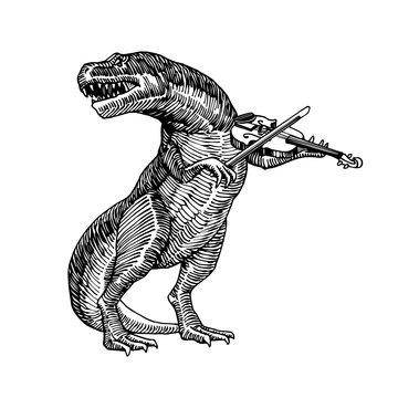 a jurassic reptile, a dinosaur playing a classical violin & singing a song, a tyrannosaurus, a predator, vector illustration with black ink lines isolated on a white background in a hand drawn style