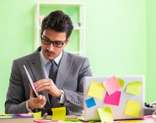 Businessman unhappy with many conflicting priorities sitting in