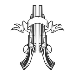 Vintage monochrome two sawn-off shotgun with ribbon, concept hunting gun isolated illustration - obrazy, fototapety, plakaty