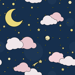 Blue stars night sky with pink clouds and moon, vector seamless pattern.