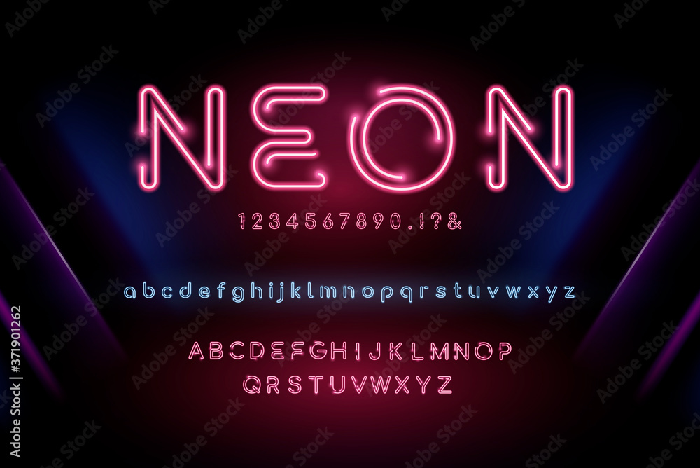 Fototapete glowing neon light alphabet font set with lowercase uppercase and numbers on dark night party theme 