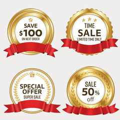 Premium gold and white circle badges and red ribbons Vector