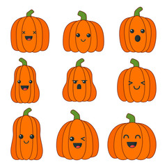 set of happy halloween pumpkins with different faces isolated on white background. vector illustration.