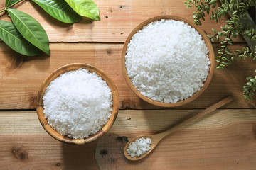 Sea salt in wooden bowl