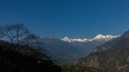 A panoramic view of Mt Kanchenjunga with first rays of sunlight falling on it 