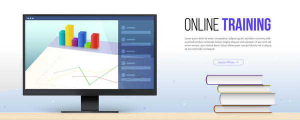 Online training concept. Educational training programs on internet. Computer monitor showing charts and graph. Vector template, 3d illustration.