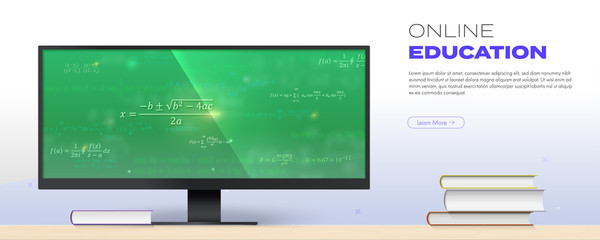 Online education. Math formulas on large-format screen. Training programs on internet. Monitor and stack of books. Vector template 3d illustration.