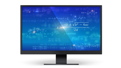 Mathematical formulas on blue screen of monitor. Concept of modern digital education and science. Online learning. Vector 3d illustration