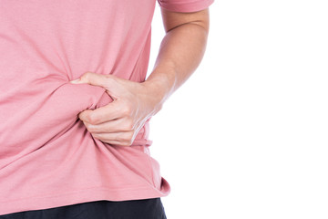 Fat man holding excessive fat belly, overweight fatty belly isolated on over white background. Diet...