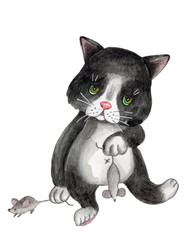 Cute pretty cartoon little kitten with mice, sitting. Watercolor hand drawn illustration for babies and kids. Isolated on white background.