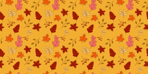 Seamless pattern autumn leaves in Orange, Beige, Brown and Yellow. autumn greeting cards. autumn leaves Seamless pattern for textile, wallpapers, gift wrap and scrapbook