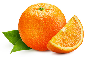 Orange Clipping Path. Ripe whole orange fruit with green leaf and slice isolated on white background with clipping path. Orange fruit image stack full depth of field macro shot