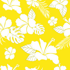 Fototapeta na wymiar Hibiscus Flower Hawaiian Floral Pattern On Yellow Background. Tropical Flower Seamless repeat patterns
