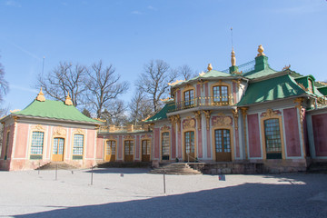 Obraz premium Drottningholm , Sweden - April 21 2019: the view of The Chinese Pavilion at the Royal Palace park on April 21 2019 in Drottningholm, Sweden.