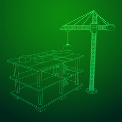 Building under construction with crane. Build house construct in process. Wireframe low poly mesh vector illustration