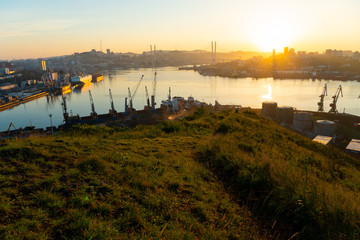 Summer, 2020 - Vladivostok, Russia - Dawn in Vladivostok. Aerial view of the Golden Horn Bay and...