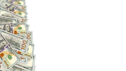 Illustration. Wallpaper US paper money with shadows. 100 dollars denomination on the left in random order on a white background