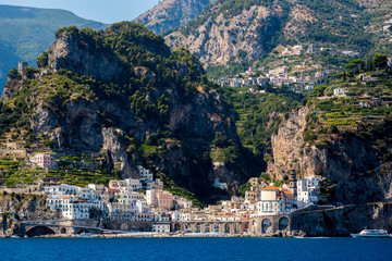 Fototapeta premium View from the sea to the town of Atrani in Italy on the Tyrrhenian Sea