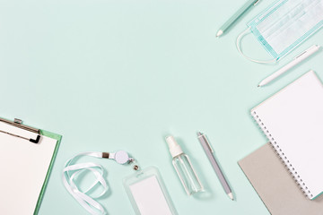 School accessories, new normal concept, face medical mask and hand sanitizer