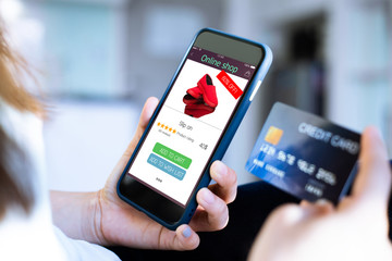 online shopping concept.hands using mobilephone and holding credit card