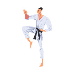 Male Karate Fighter Character Practicing Traditional Japan Martial Art Cartoon Style Vector Illustration