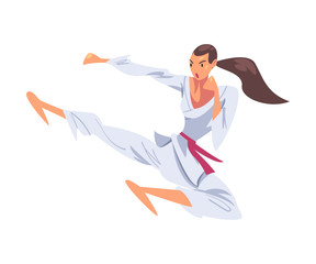 Girl Karateka Jumping Side Kick, Karate Fighter Character in White Kimono Practicing Traditional Japan Martial Art Cartoon Style Vector Illustration