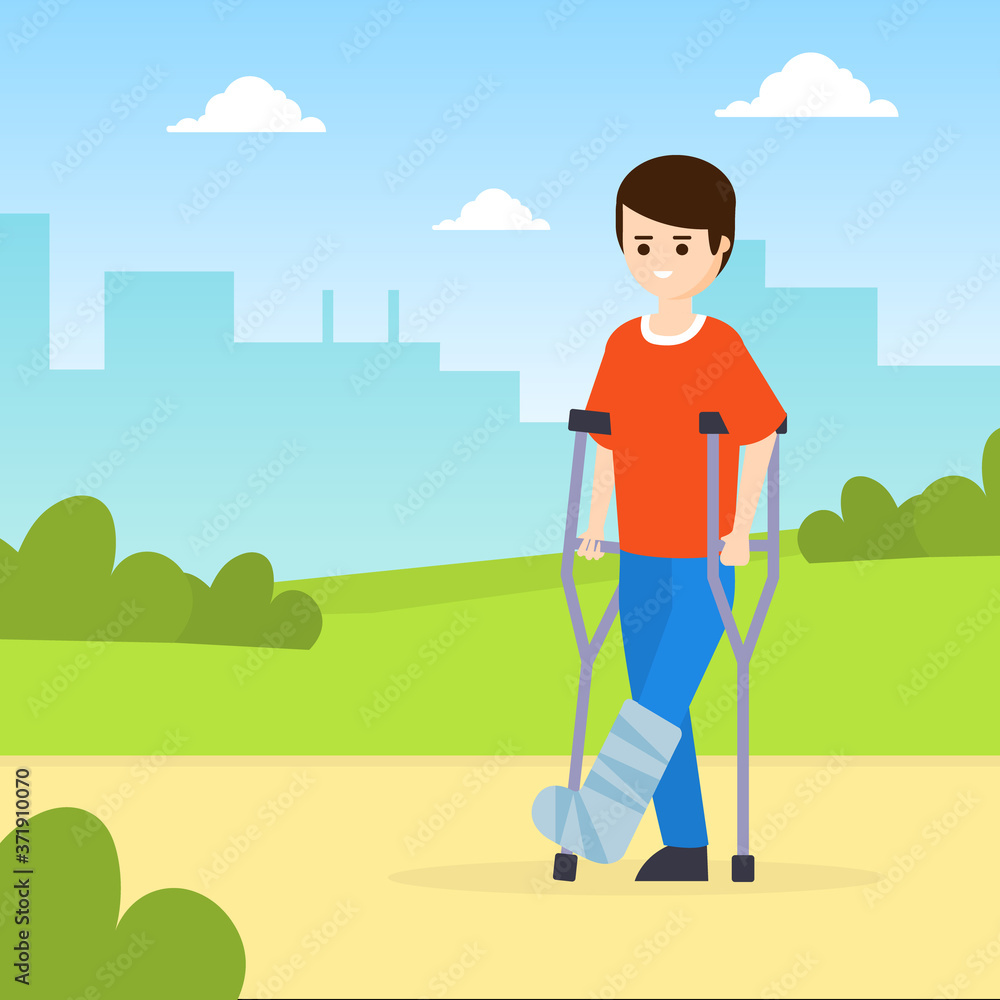 Sticker Man on Crutches with Broken Leg Walking in Park Outdoors Cartoon Vector Illustration