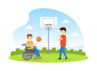 Disabled Basketball Player with Prosthesic Leg Playing Basketball with His Friend, Handicapped Person Doing Sports Outdoors Cartoon Vector Illustration