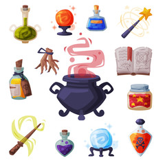 Collection of Occult Magic Objects for Mystic Rituals, Witchcraft Equipment, Cauldron, Book, Bottle of Magical Potion, Wand, Cartoon Style Vector Illustration